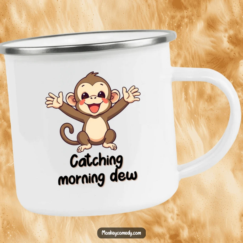 Funny Monkey Camping Mug: a primate with arms outstretched, ready for adventure, perfect for outdoor humor.