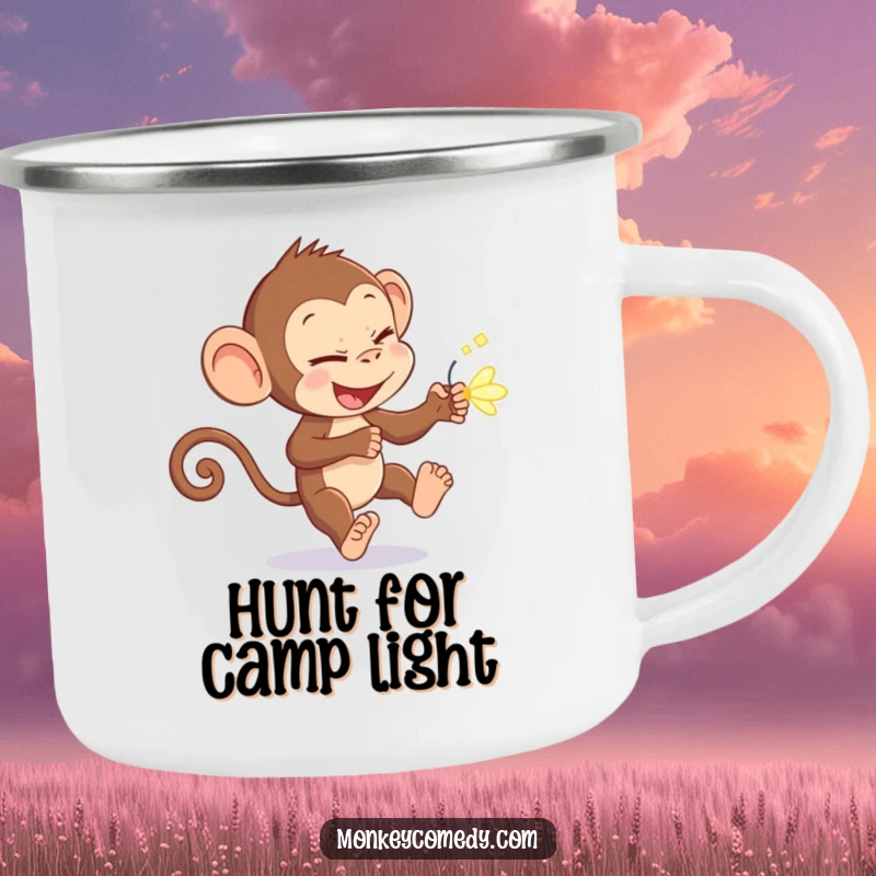 Funny monkey with a mischievous expression, chasing a glowing firefly, on a camping mug, perfect for a funny gift.