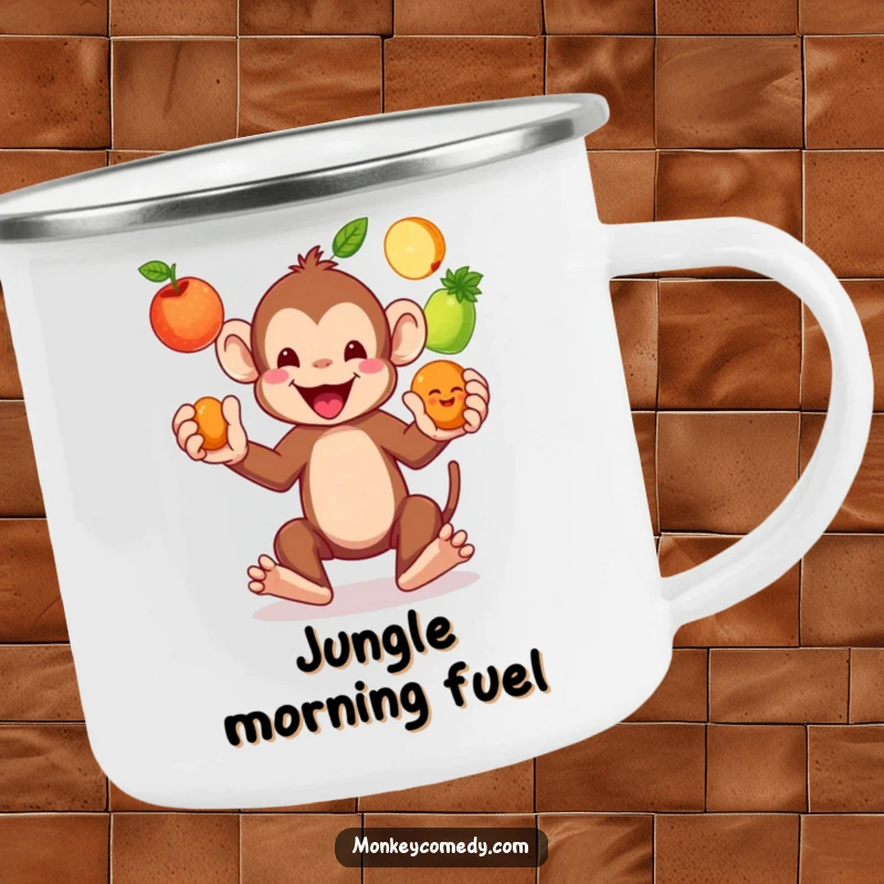 Funny Monkey Juggling Fruits Camping Mug: A playful monkey juggles vibrant fruits, ready for any adventure, making this durable mug a humorous companion.
