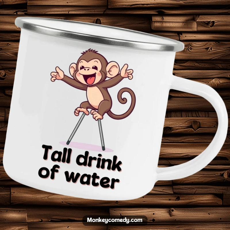 Funny monkey on stilts camping mug, showing a primate humorously balancing on stilts in an outdoor setting, ideal for adventure.
