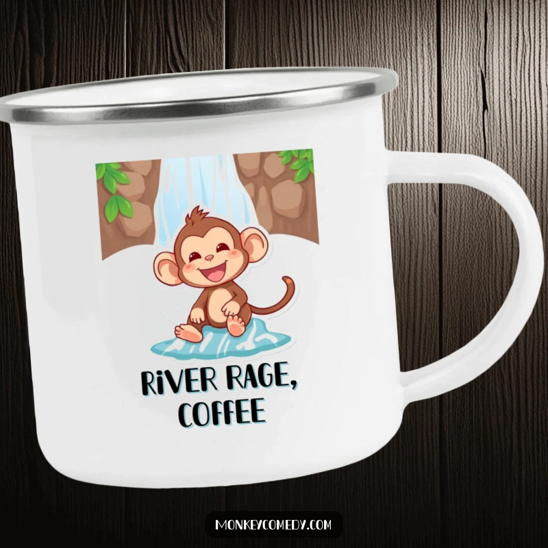 Funny camping mug featuring a happy monkey sliding down a waterfall, perfect for hot beverages during outdoor adventures.