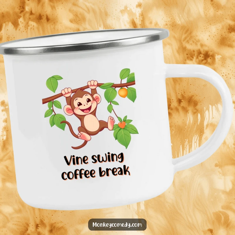 Funny Monkey Camping Mug with a grinning monkey swinging from a vine, perfect for outdoor drinks with jungle humor.