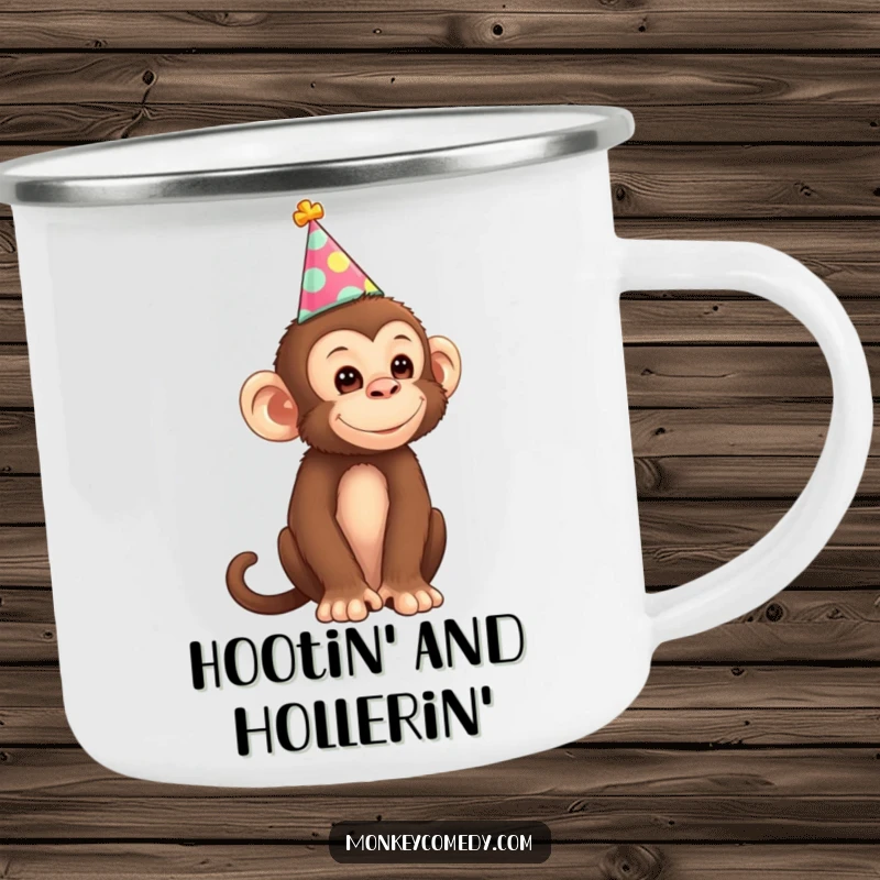 Funny Monkey Camping Mug featuring a playful monkey in a party hat, ready for outdoor adventures and morning coffee with a smile.