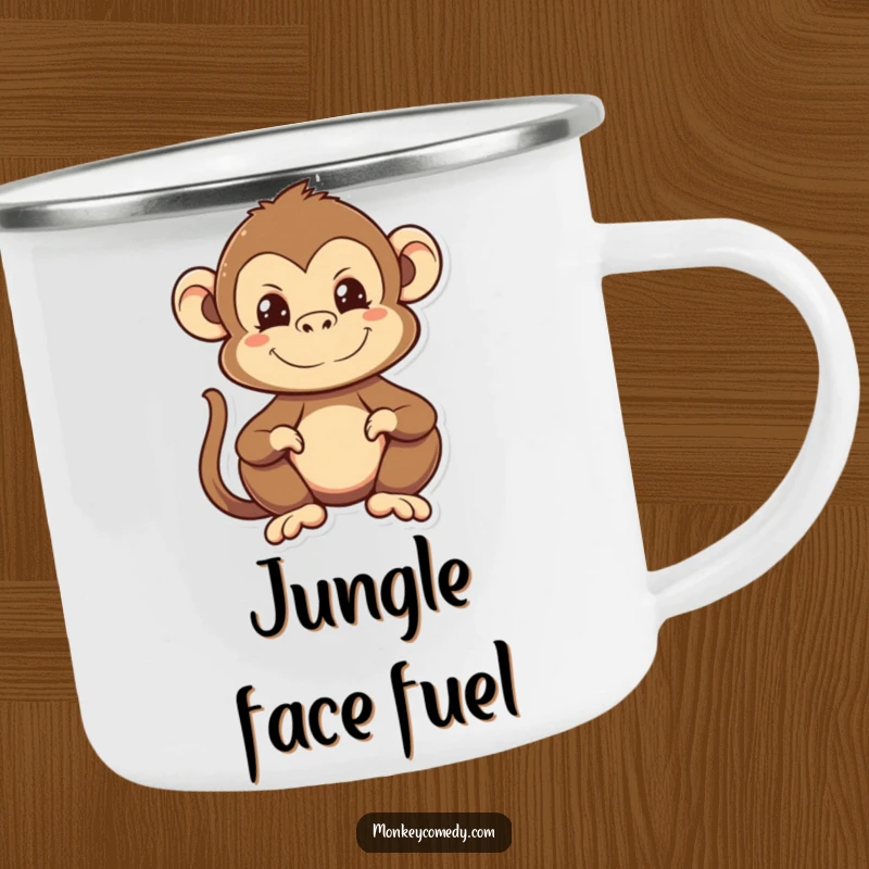 Funny Kawaii Monkey Camping Mug with a funny-faced monkey, perfect for hot beverages in the great outdoors.