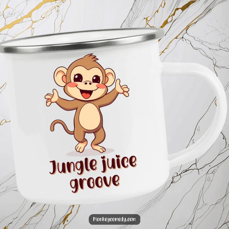 Funny Kawaii Monkey Camping Mug: A cute monkey performing a silly dance, perfect for enjoying drinks around the campfire.