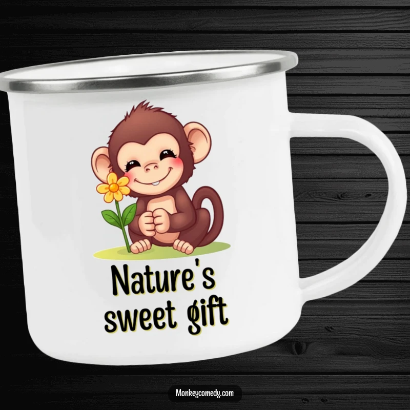 Funny Monkey Flower Camping Mug: Durable mug with a smiling monkey offering a flower, perfect for enjoying sweet drinks in the great outdoors.