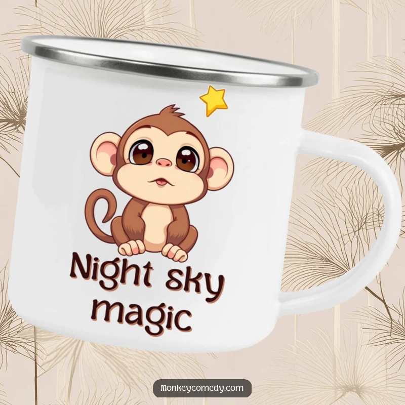 Funny Monkey Falling Star Camping Mug: Durable mug with a surprised monkey watching a falling star, perfect for a magical camping experience.