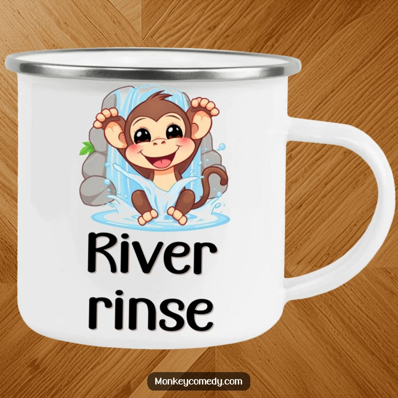 Funny camping mug with a smiling monkey splashing water from a waterfall, bringing playful, refreshing vibes to your outdoor excursions.