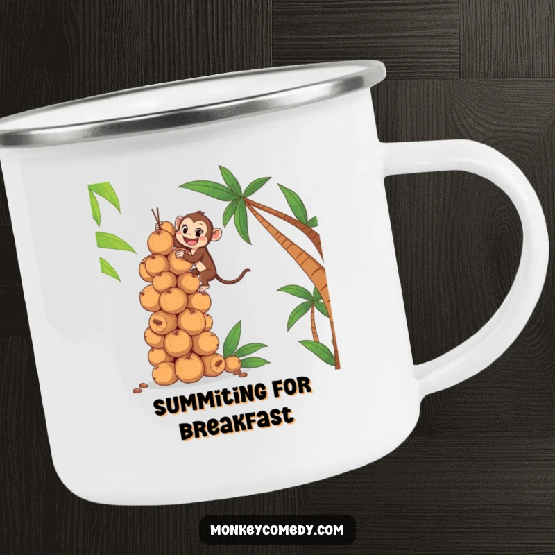 Funny camping mug showing a determined monkey climbing a large pile of coconuts, ideal for adventurers with a sense of humor.