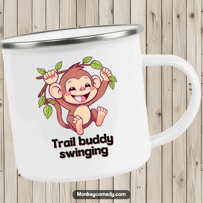 Funny Kawaii Monkey Camping Mug: A grinning monkey swings on a vine, bringing portable jungle humor to your outdoor expeditions.