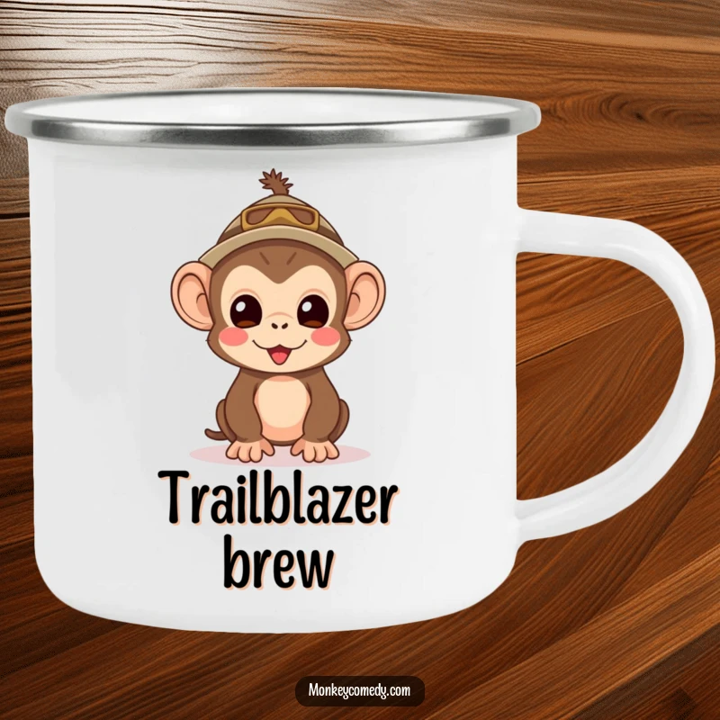 Funny Kawaii Monkey Explorer Camping Mug: A sturdy enamel mug with a cute monkey in an explorer hat, excited for outdoors.