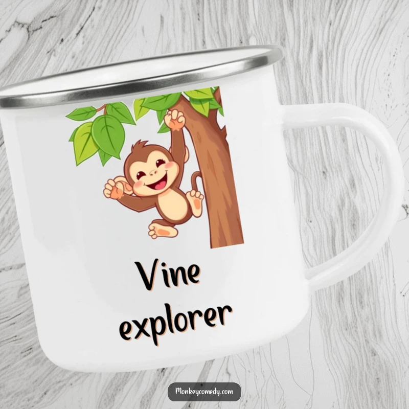 Funny monkey camping mug showing a cute character with a wide, cheeky grin, swinging from a vine, perfect for outdoor enjoyment.