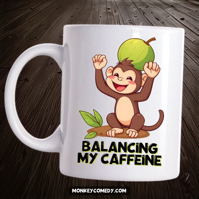 Funny Mug: A monkey grins while perfectly balancing a coconut on its head, a picture of hilarious skill and mischief.
