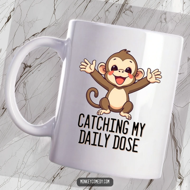 Funny Monkey Mug showing a primate with arms wide open, ready to catch something, perfect for a humorous gift.