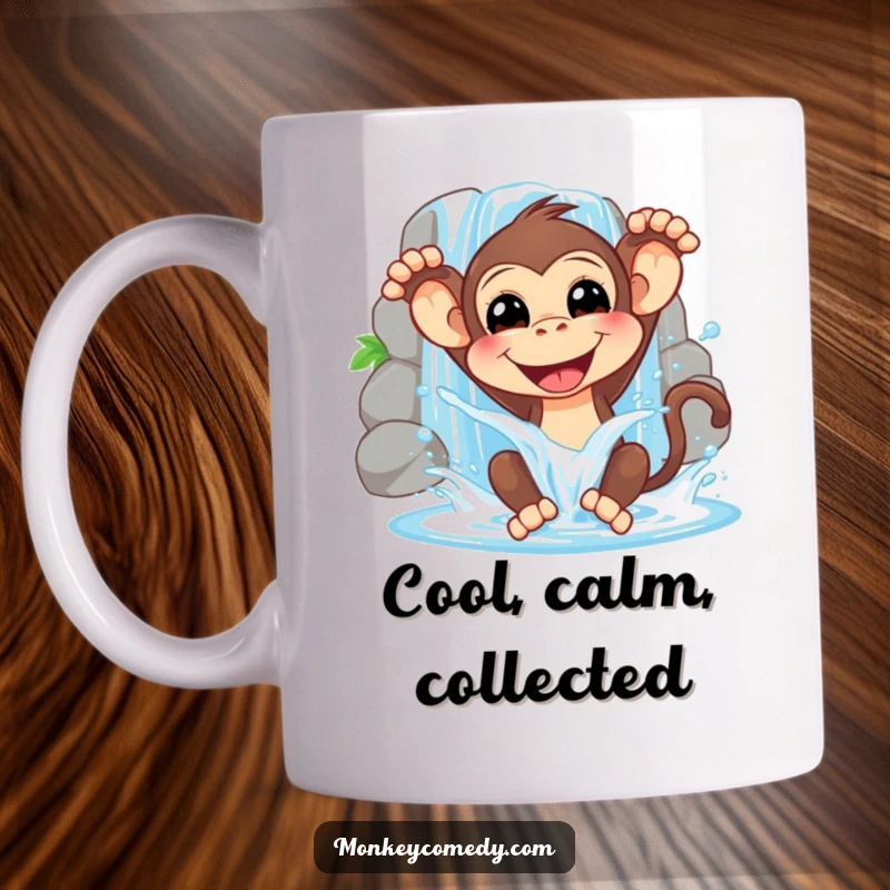 Funny mug featuring a happy monkey gleefully splashing water from a waterfall, radiating pure, unadulterated joy and refreshment.