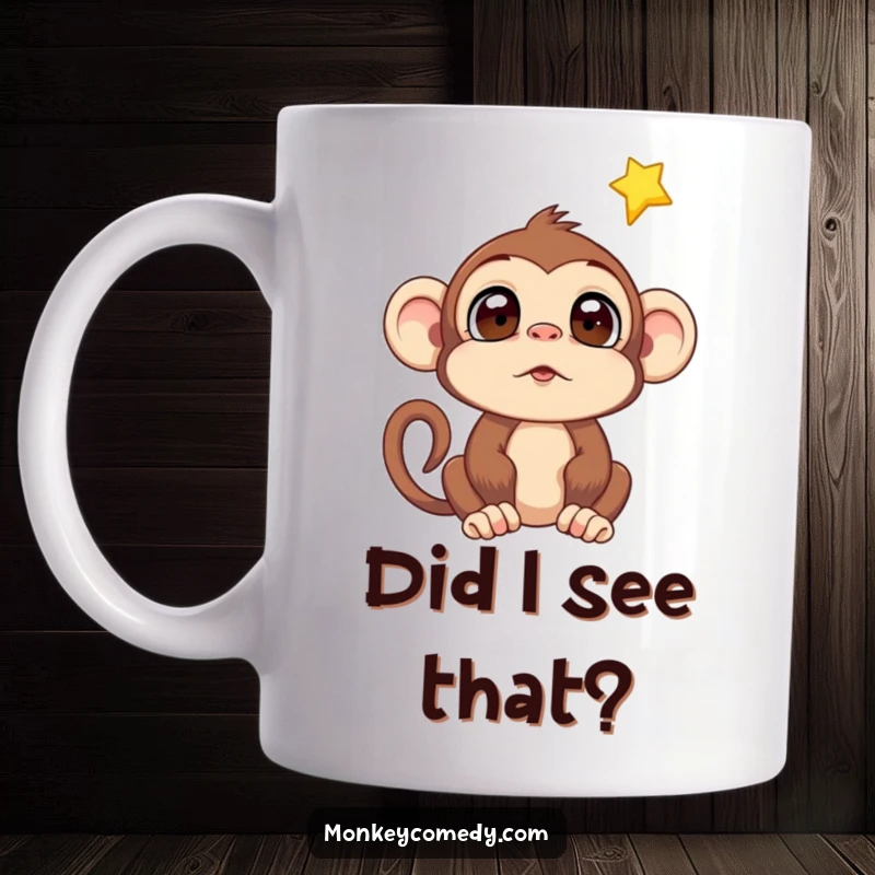 Funny Monkey Falling Star Mug: Astonished monkey looks up at a bright shooting star, evoking wonder, dreams, and a touch of magic.