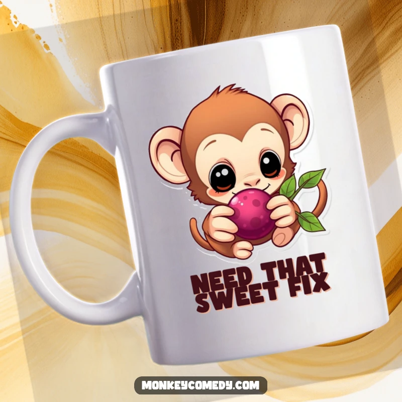 Eager Kawaii Monkey Mug with wide eyes reaching out for a bright red berry, full of desire.