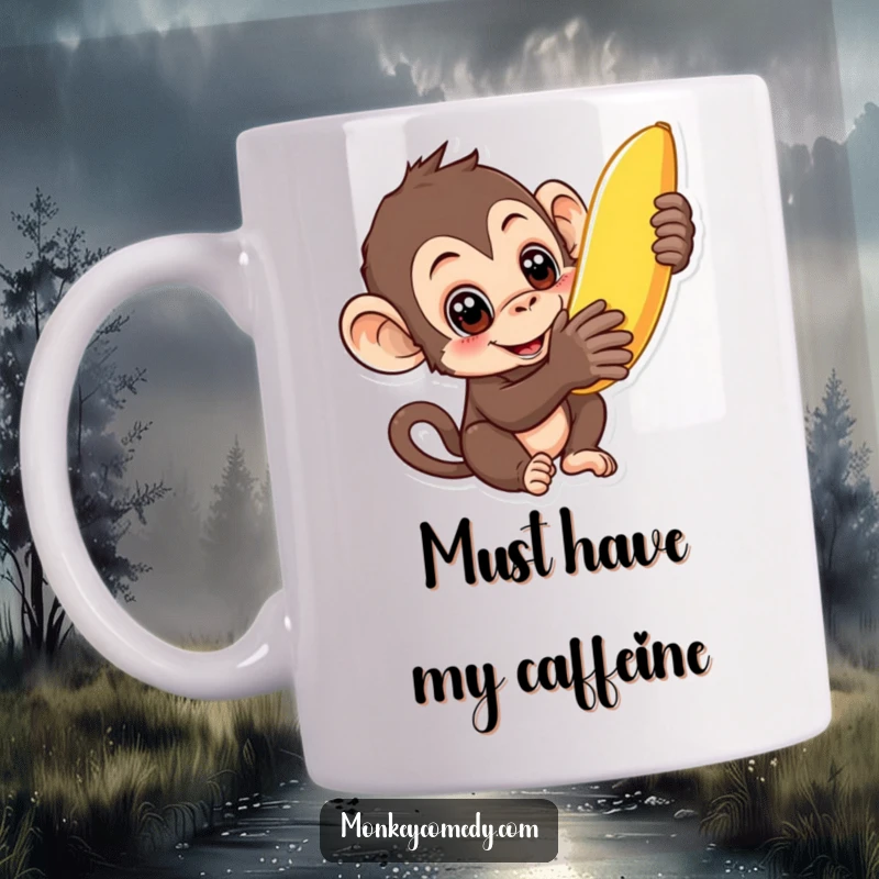 Funny curious monkey mug with wide eyes reaching for a ripe banana, symbolizing desire and playful exploration.