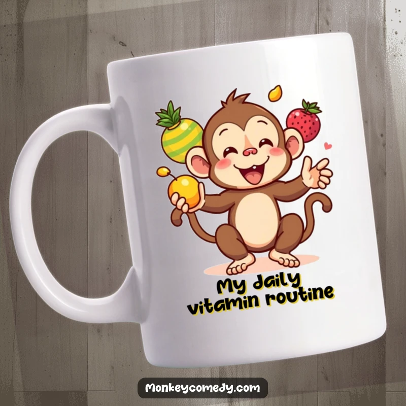 Funny Kawaii Monkey Juggling Colorful Fruits Mug, playfully tossing apples, bananas, and berries with a cheerful expression, perfect for a funny gift.