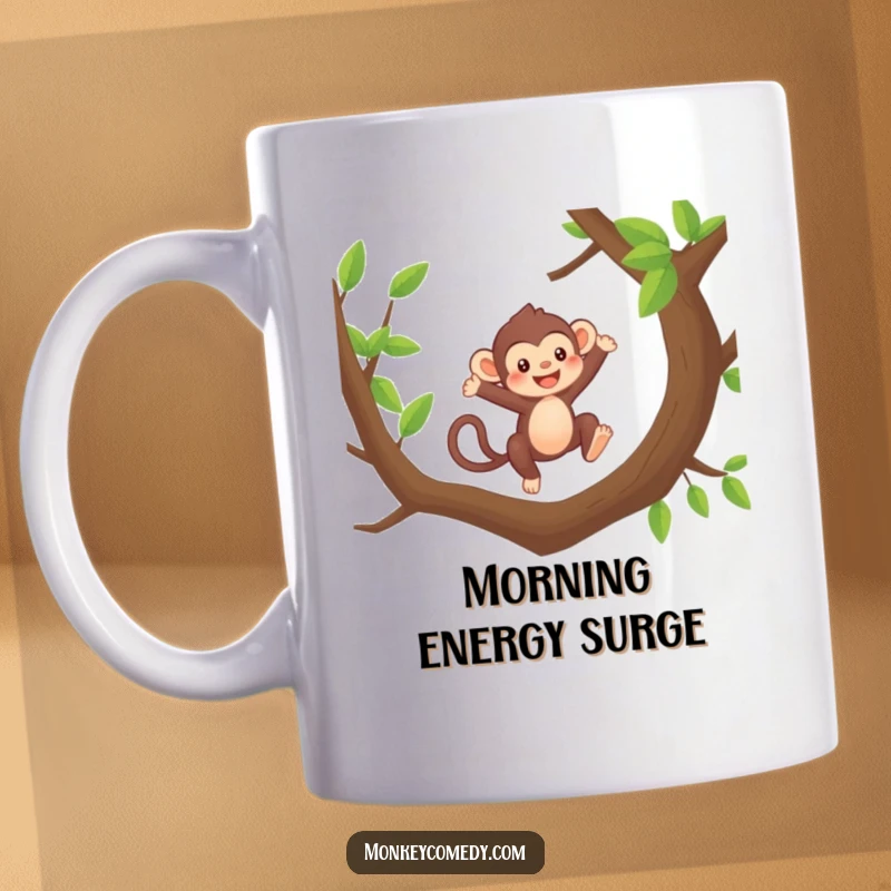 Funny Kawaii Monkey Mug: A cute monkey joyfully leaps between branches, capturing pure, energetic happiness.