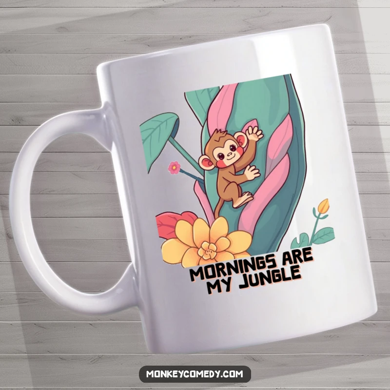 Funny Kawaii monkey mug, a cute primate hilariously climbing a giant, colorful jungle plant, perfect for gifting.