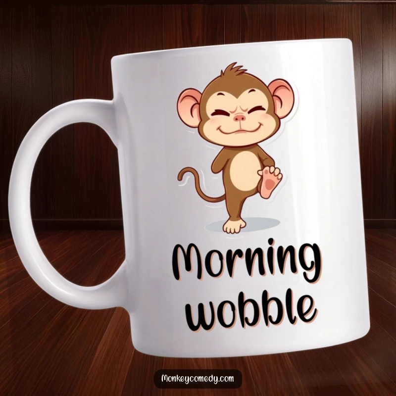 Funny Monkey Mug showing a primate with a grimace, teetering on one leg, embodying humorous struggle.
