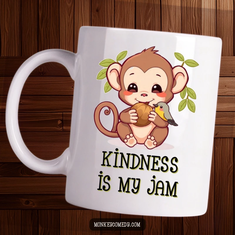Funny mug with a cute monkey offering a nut to a small bird, celebrating friendship and kindness in a humorous way.