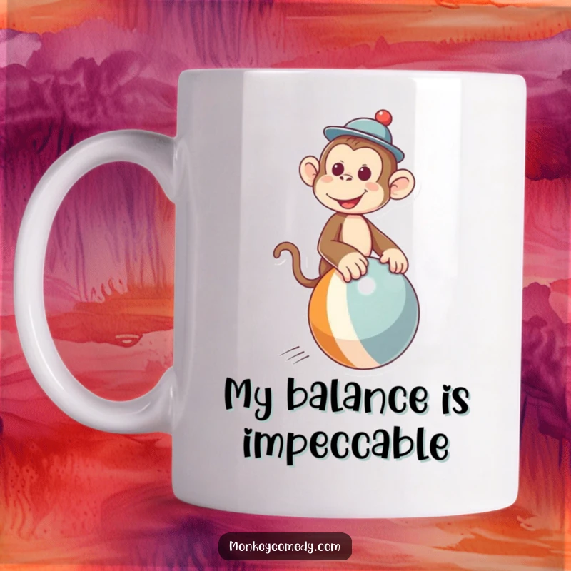 Funny mug featuring a cheerful monkey in a small hat expertly riding a bouncing ball, conveying pure joy and playfulness.