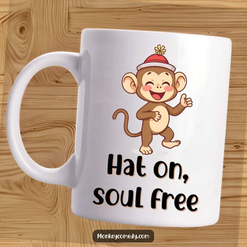 Funny monkey wearing a tiny hat, giggling joyfully while performing a whimsical dance, perfect for a funny mug gift.