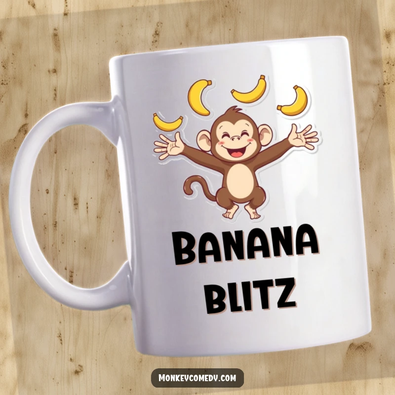 Funny monkey mug depicting a playful character enthusiastically juggling bananas with outstretched arms, showcasing lively and humorous skill.