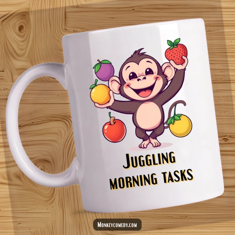 Funny monkey with a wide grin juggling three colorful fruits on a mug, great funny gift idea.