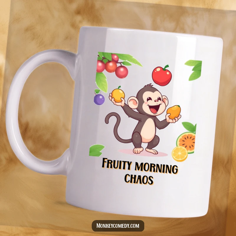 Funny mug featuring a skilled monkey expertly juggling three vibrantly colored fruits, showcasing impressive dexterity.