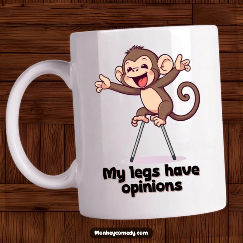 Funny monkey on stilts mug, comically attempting to balance with a determined yet precarious expression, perfect for humor lovers.