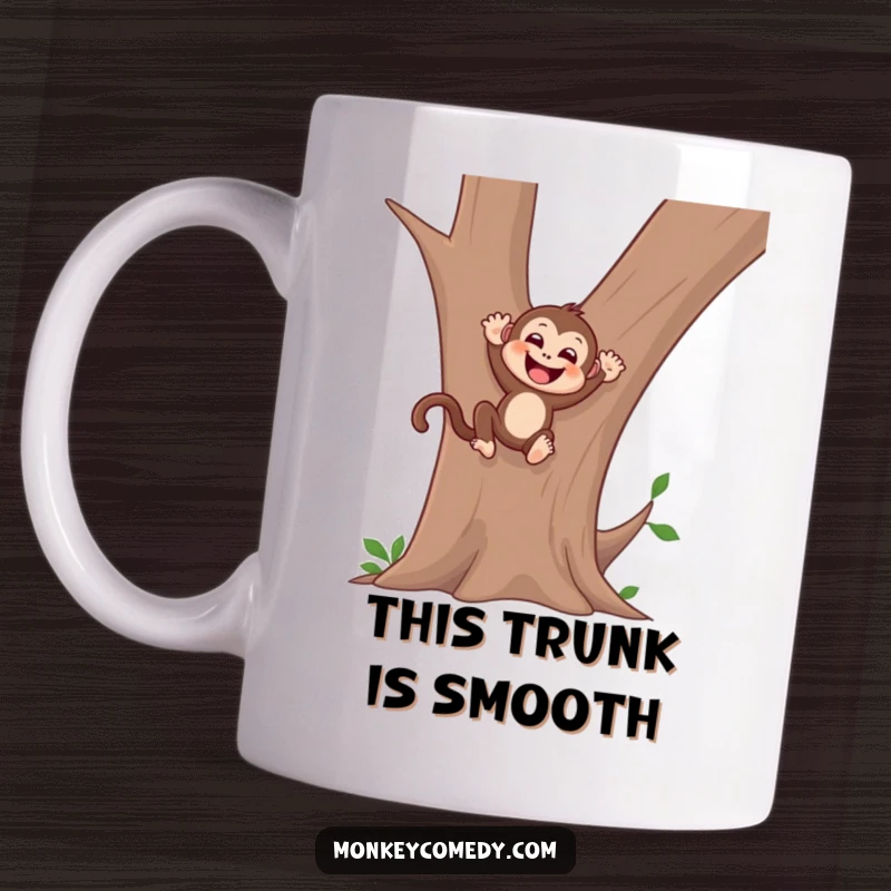 Funny monkey mug showing a gleeful monkey sliding down a smooth tree trunk with pure delight and excitement.