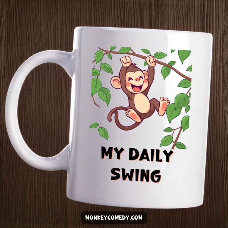 Funny monkey mug showing an enthusiastic monkey swinging energetically from a thick vine, embodying wild fun and adventure.