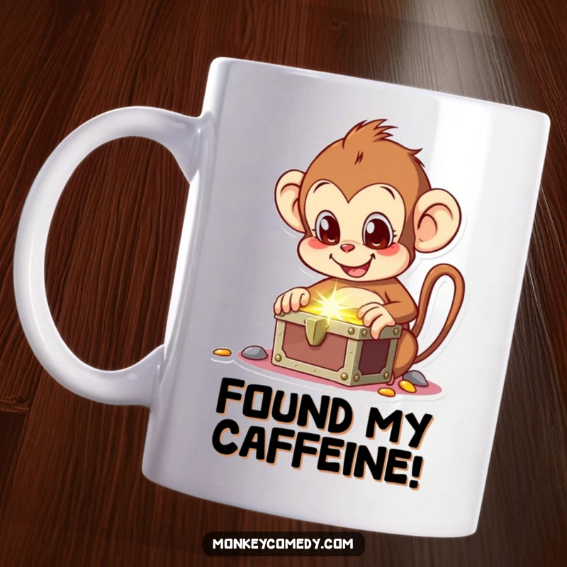 Funny mug depicting a monkey with wide, excited eyes discovering a glowing treasure chest, symbolizing joy and riches.