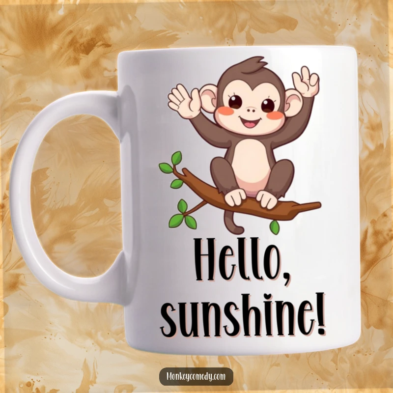 Funny mug featuring a happy monkey perched on a branch, waving playfully to spread cheer and good vibes.