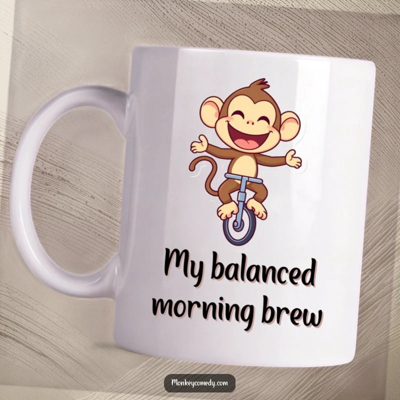 Funny Monkey Mug: A joyful monkey rides a unicycle with a huge, proud smile, radiating pure happiness.