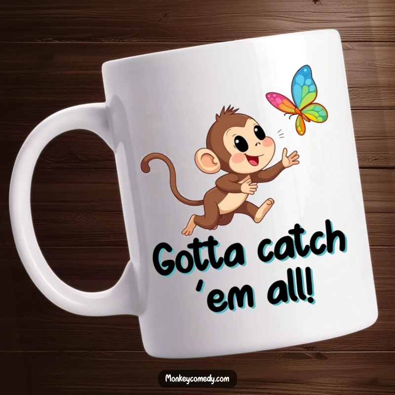 Funny Monkey Chasing Butterfly Mug: Excited monkey leaps gleefully after a vibrant butterfly, embodying pure playful energy and jungle adventure.