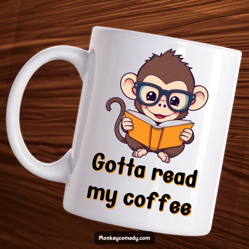 Funny Monkey Mug: A humorous monkey wearing oversized glasses is engrossed in reading a tiny book, looking intellectually comical.