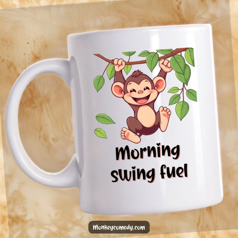 Funny Mug: A playful monkey swings from a vine with a wide, joyful grin, radiating pure happiness.