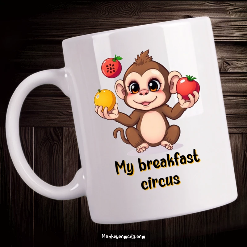 Funny monkey mug depicting a curious monkey with wide eyes, skillfully juggling three colorful fruits in a tropical setting.