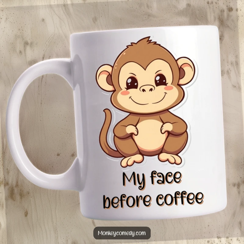 Funny Kawaii Monkey Mug featuring a mischievous monkey making a cheeky face, perfect for coffee lovers needing a laugh.