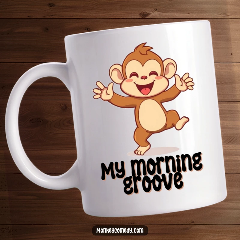 Funny mug featuring a hyperactive monkey energetically dancing with arms flailing wildly, expressing pure unadulterated fun.
