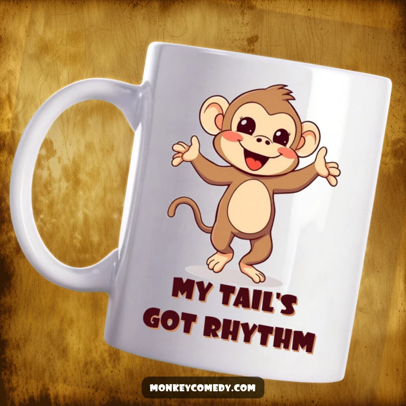 Funny Kawaii Monkey Mug: A cute monkey joyfully dancing with its tail, spreading laughter and silliness with every sip.