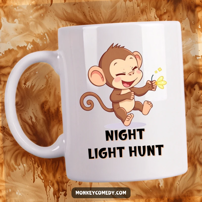 Funny monkey with a sly look, chasing a glowing firefly in the dark, perfect for a funny mug gift.
