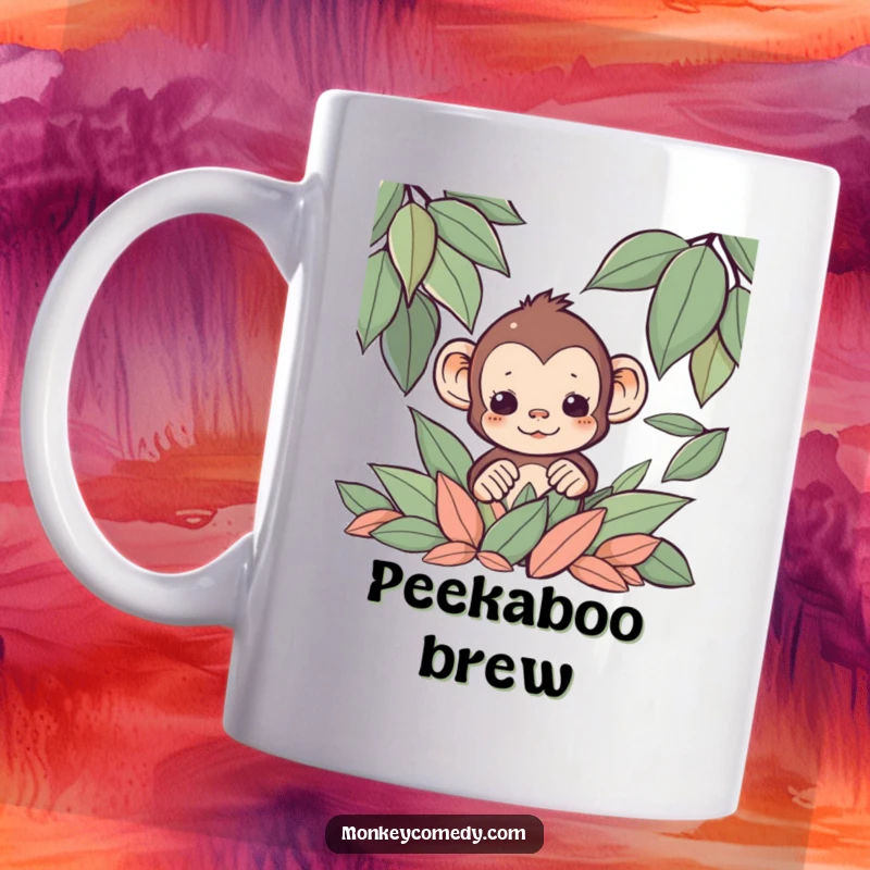 Funny Kawaii monkey peeking playfully from a pile of autumn leaves, cartoon style on a mug.