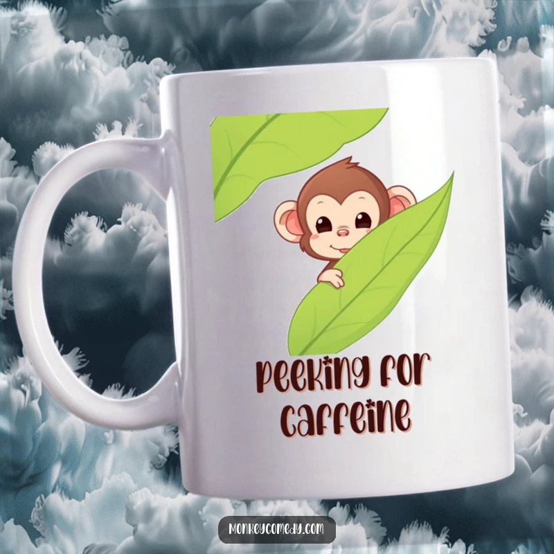 Funny Kawaii Monkey Mug, a cute monkey peeking playfully from behind a large green leaf, full of curiosity and charm, perfect funny gift.