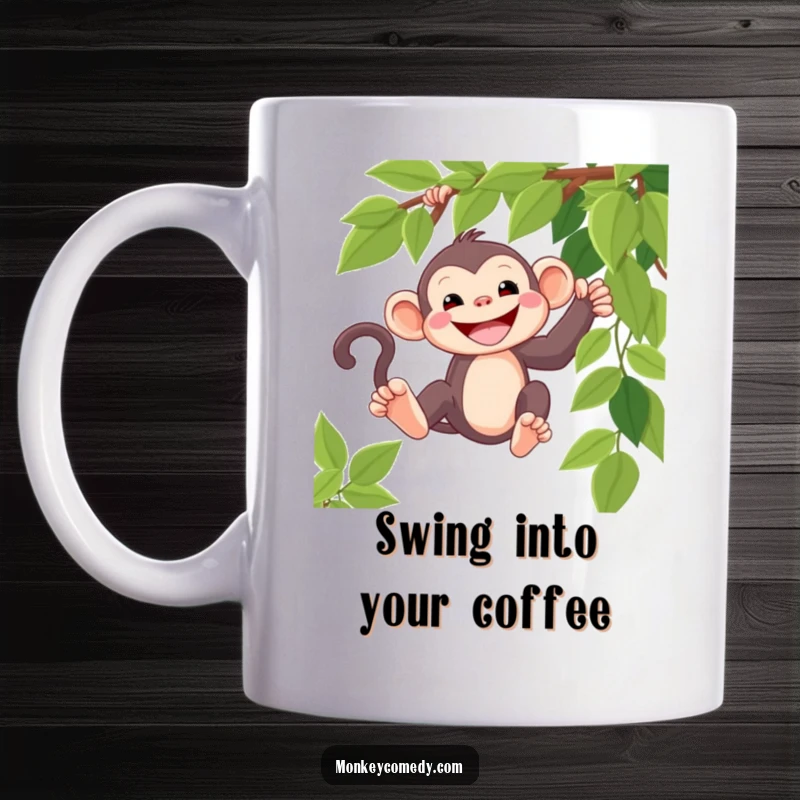 Funny kawaii monkey mug, grinning wide, swinging joyfully on a vine, adorable jungle character, perfect gift.