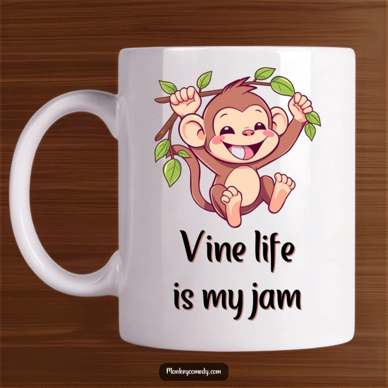 Funny Kawaii Monkey Mug: A cheerful, grinning monkey hilariously swings through the jungle on a vine, bringing pure joy.